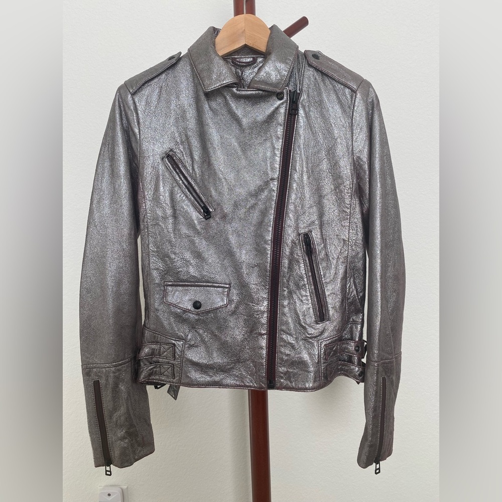 ASHSTUDIOPARIS Metallic Crackle Silver Purple Leather Moto Jacke - Picture 3 of 7